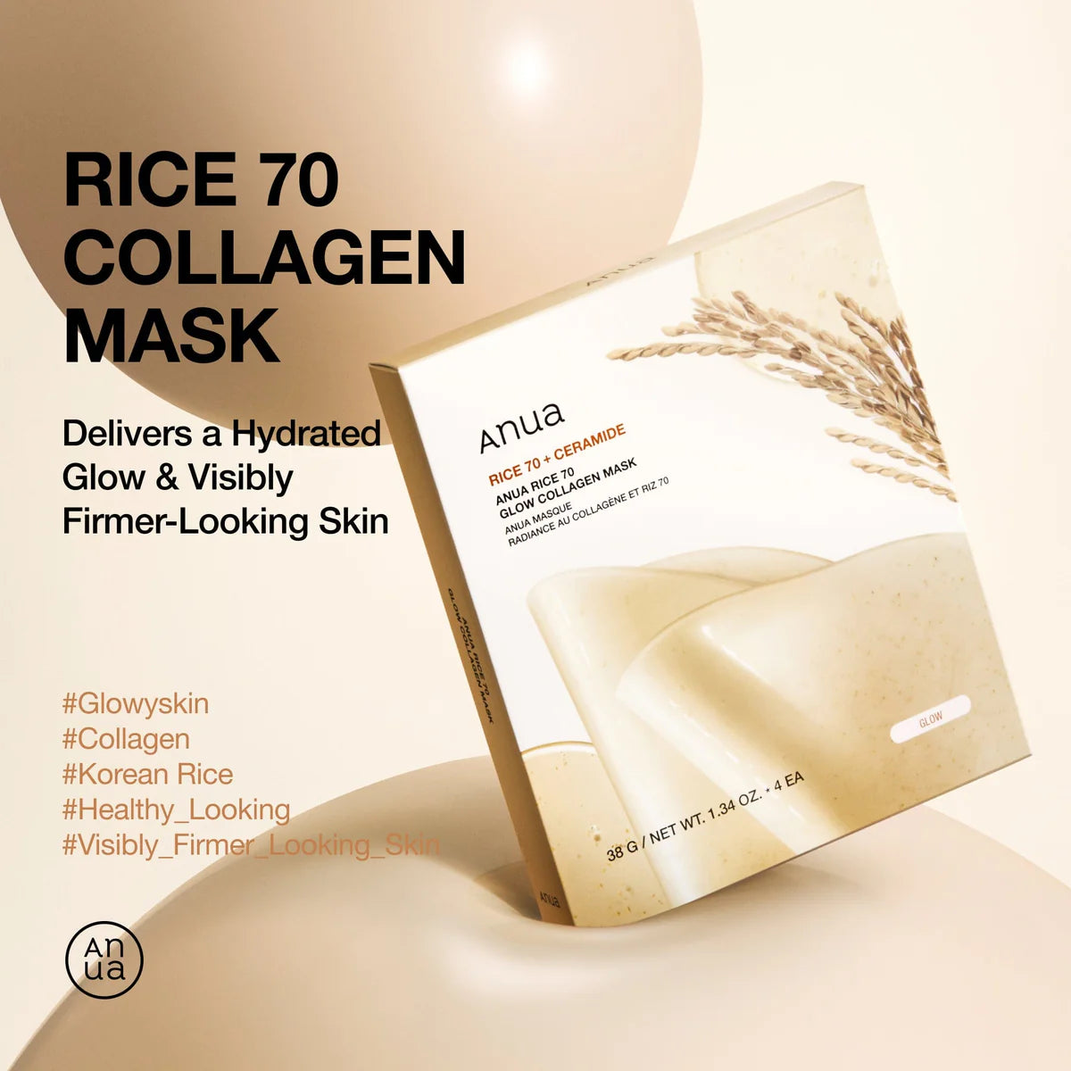 ANUA Rice 70 Glow Collagen Mask (4 Sheets) - 38g